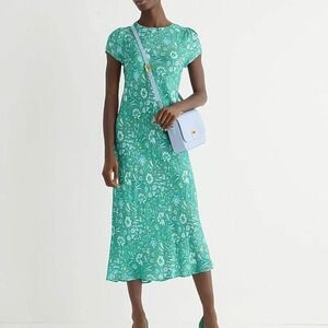 J.Crew Gwyneth Green Blue Floral Cupro Viscose Midi Dress Puff Sleeve Size 6
